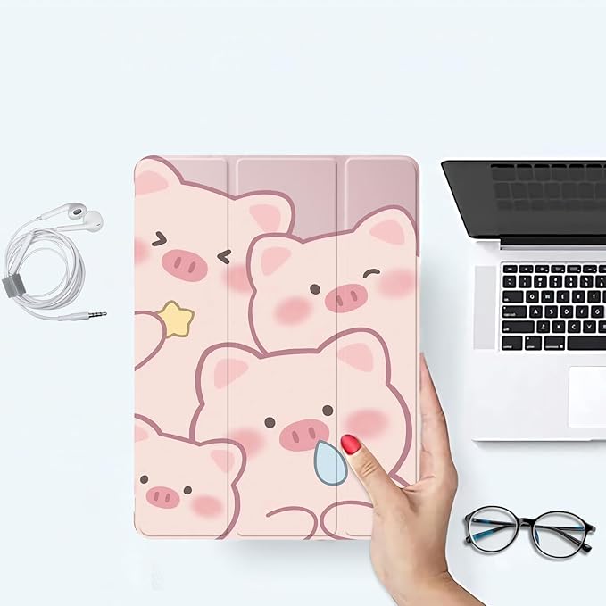 JOYLAND Lovely Pink Pig Printed Case Compatible with iPad 9th/8th/7th Generation 10.2 Inch (2021/2020/2019 Release) Pencil Holder &amp Clear Transparent Soft TPU Back &amp Trifold Smart Pad Cover