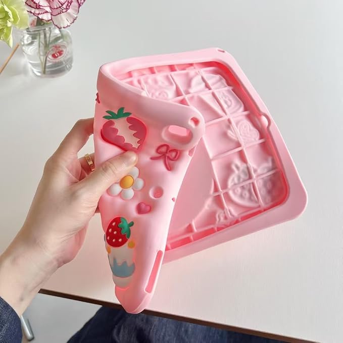 3D Cute Strawberry Cake Juice Case for iPad 9th/8th/7th 10.2 inchKawaii Cartoon Delicious Desserts Soft Silicone Rotating Stand Case with Lanyard for Kids Teens Girls Women