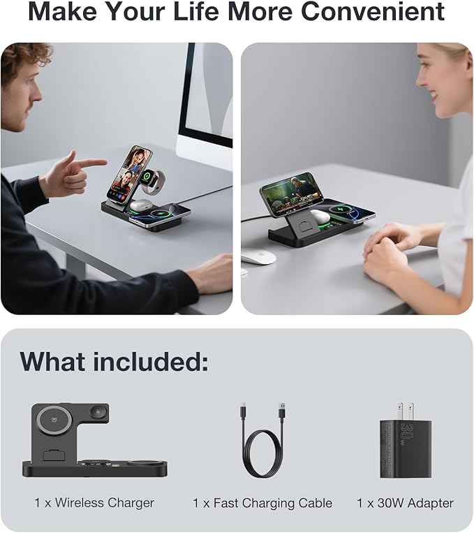 Foldable Magnetic Dual Phone Charging Station 30W Wireless Charger Stand with Clock &amp Night Light Fast Mag-Safe Charger for iPhone 17/16/15/14 Pro Max Plus Air AirPods and Apple Watch