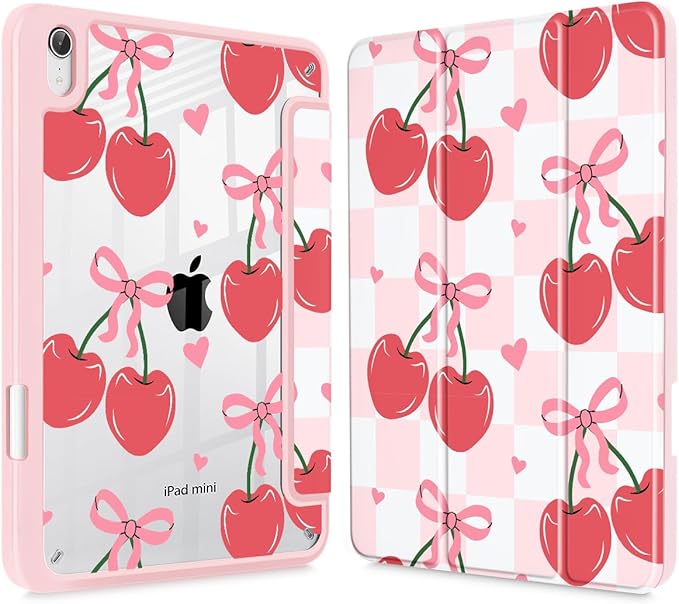Mektron Printed Case for iPad mini 7 (A17 Pro) 2024/ Mini 6 2021 iPad mini 7th/6th Generation 8.3-inch Liquid Retina Display Cover Buit in Pencil Holder with Clear Back Shell Cherries Bows C353