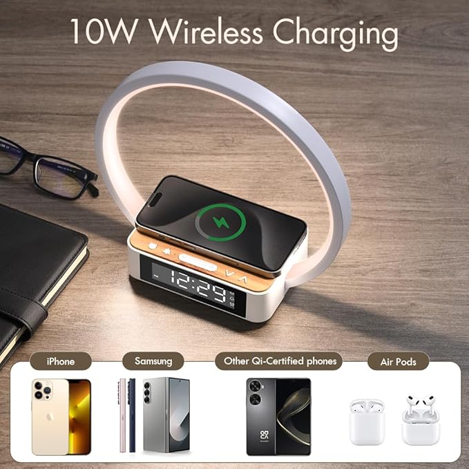 Wireless Charging Station with Alarm ClockBedside Lamp with Sunrise Wake-Up LightWireless Phone ChargerTouch Table Lamp with 3 Brightness LevelsIdea Gifts for WomenMenTeensAdults