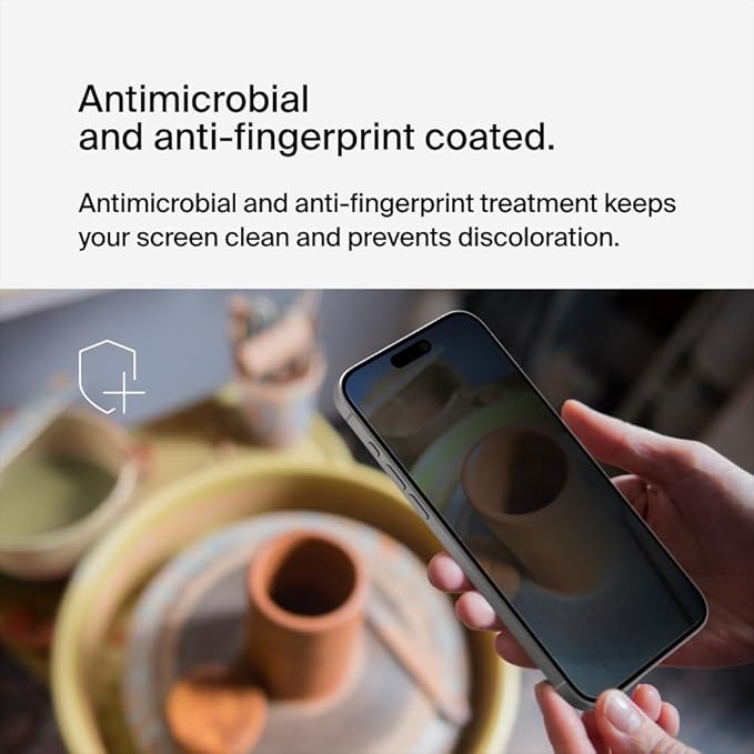 Belkin ScreenForce TemperedGlass Treated Privacy Screen Protector for iPhone 15 Pro Max - Slim &amp Scratch-Resistant - Includes Easy Align Tray for Bubble Free Application