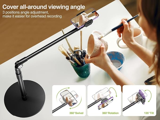 elitehood Heavy Duty Aluminum Overhead Phone Stand 15 in Long Arm iPhone Holder for Video Recording 360 Degrees Swivel Tilt Overhead Phone Mount for Filming Meeting Cooking Painting and Crafting