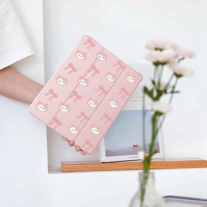 Cute Cat Kitten Pink Bow for iPad Air 13 Inch Case M3 2025/M2 2024 with Pencil Holder Auto Sleep/Wake Pink Leather Soft TPU Back Cover