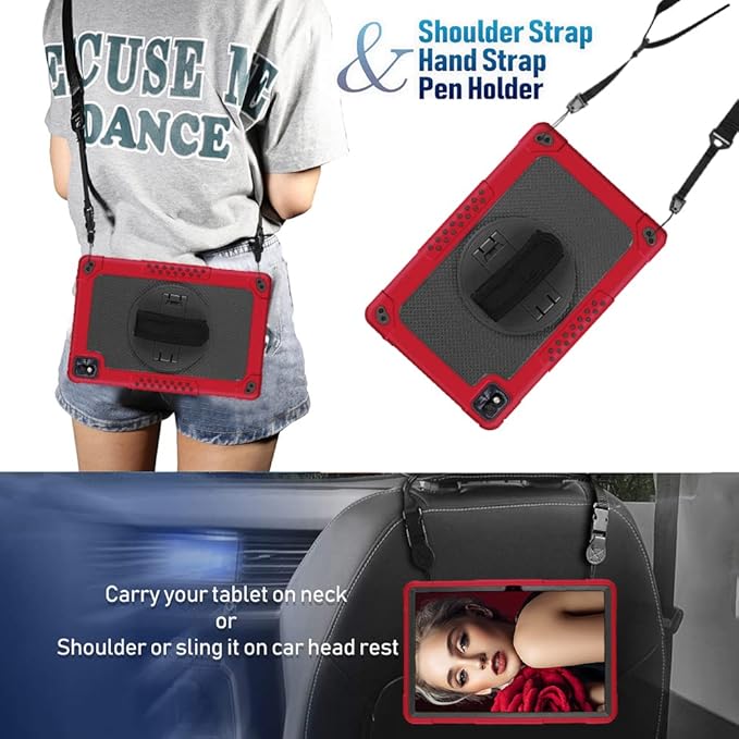 Mignova for TCL Tab Pro 5G Tablet Case Built in Rotating Kickstand/Shoulder Strap Hand Strap Hybrid Shockproof Armor Kids Friendly Case for Nokia T20/T21/Vastking KingPad M10 10.36 inch(Red+Black)