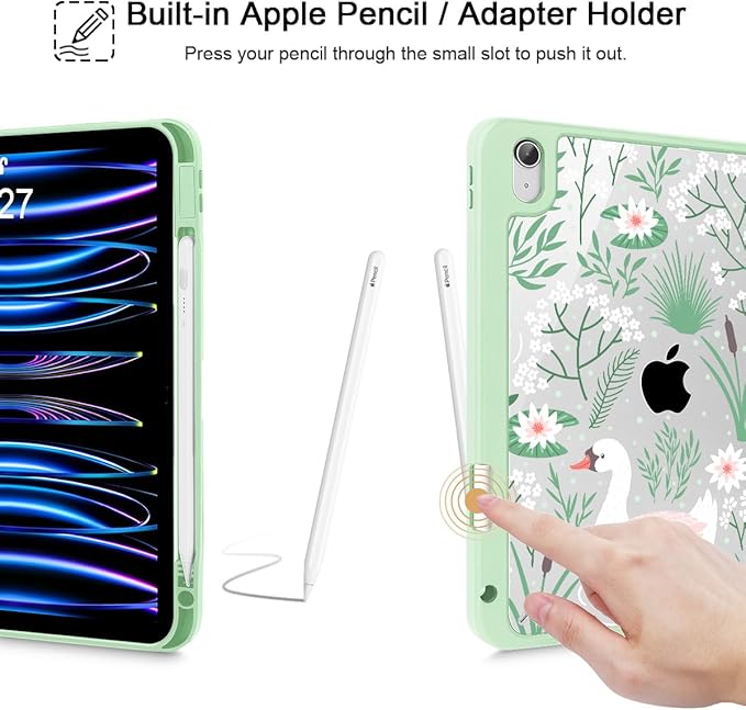 Tuiklol Case for iPad 11 inch (A16 Chip) 2025 Gen 11th / iPad 10.9 inch 2022 10th Gen Buit in Pencil Holder with Shockproof Cover Clear Transparent Back Shell Auto Wake/Sleep Goose Green