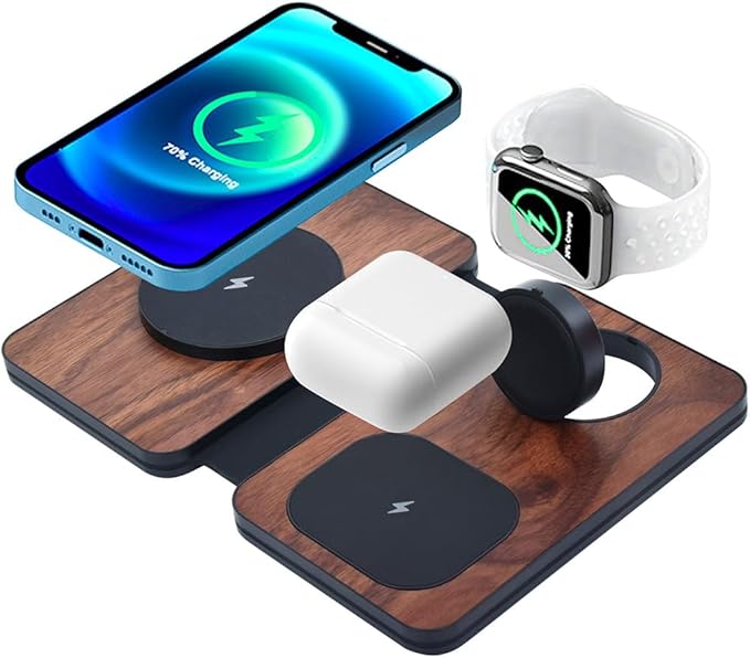 3-in-1 Charging Station for Apple Devices Fast Mag Safe Wireless Charger Foldable Travel Charger for Cell Phone 16-12 Series AirPods and iWatch Series (wulnut Wood)