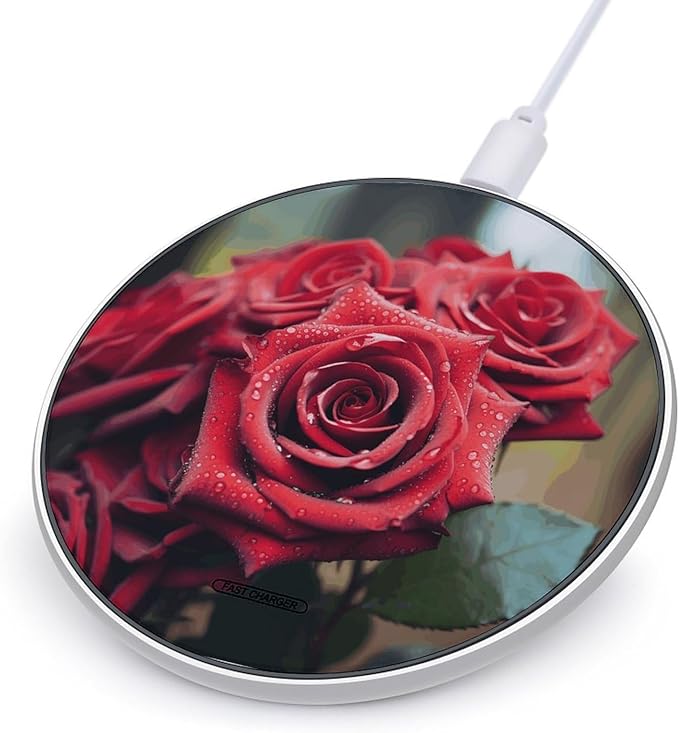 Beautiful Red Rose Wireless Charger Fast Wireless Charging Pad with USB Cable 10W Anti-Slip Magnetic Wireless Charger Portable Slim Charger Puck Travel Charging Station