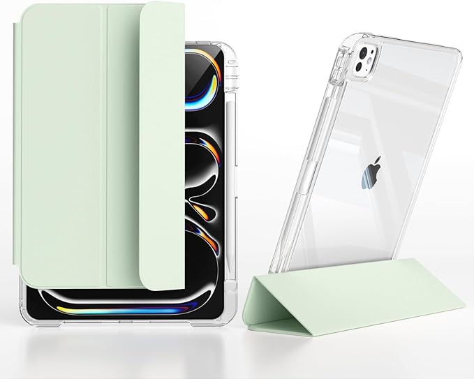 Slim Case for iPad Pro 11 Inch 4th/3rd/2nd Generation (2022/2021/2020) Clear Case with Pencil Holder Slide to Separate Auto Sleep/Wake Detachable Trifold with Stand Leather Cute Cover (Green)