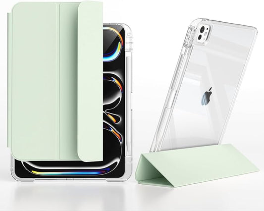 Slim Case for iPad Pro 11 Inch 4th/3rd/2nd Generation (2022/2021/2020) Clear Case with Pencil Holder Slide to Separate Auto Sleep/Wake Detachable Trifold with Stand Leather Cute Cover (Green)