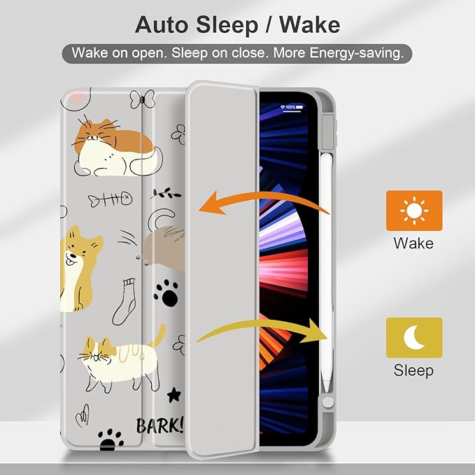 Batianda Hybrid Case for 11-inch iPad Air 2024 M2 Chip/iPad Air 5th/4th 10.9 inch [Built-in Pencil Holder] Shockproof Cover with Clear Transparent Back Shell TPU BumperCute Dogs