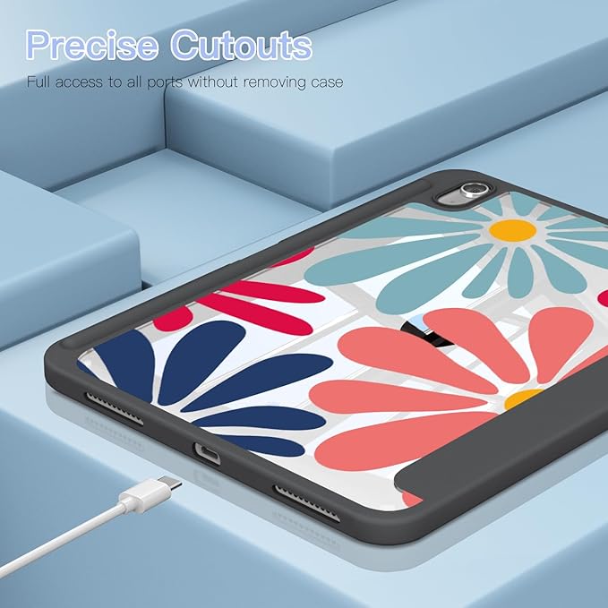 Teryeefi Case for iPad (A16) 11 inch (2025)iPad 10th Generation 10.9 inch (2022) with Pencil Holder Auto Wake/SleepPremium Stand Foldable Case with Crystal Clear Hard Back TPU Shell Colorful Flower