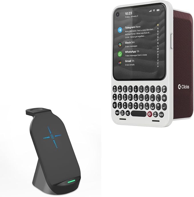 BoxWave Charger Compatible with Clicks Communicator (4.3 in) - Compact Wireless MultiCharge Stand (10W) Wireless Qi Stand Charger Watch Earbuds - Jet Black