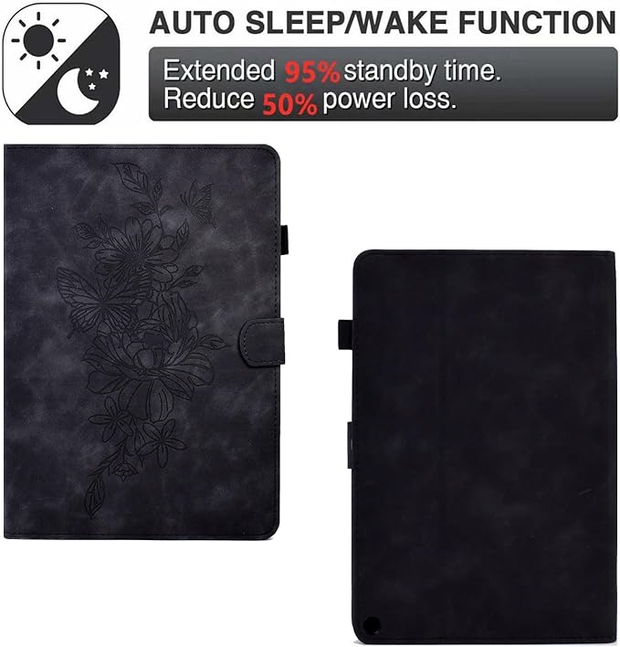 Folio Case for Amazon Kindle Fire HD 8/Fire HD 8 Plus (12th/10th Generation 2024/2022/2020) 8 with Stand/Pencil Holder [Auto Sleep/Wake] Embossed PU Leather Smart Cover Black Butterfly Flower