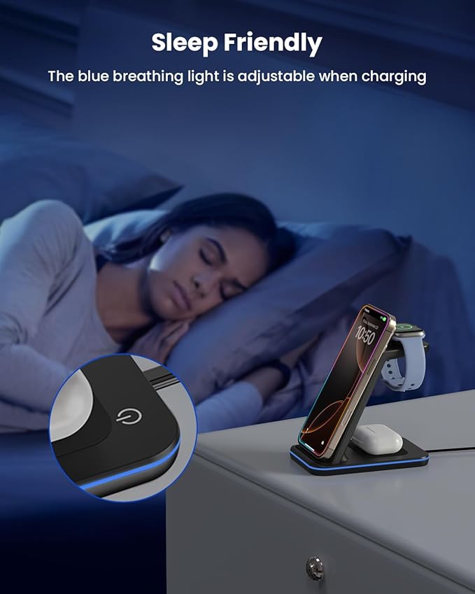 Wireless Charger Stand CIYOYO 3 in 1 Fast Wireless Charging Station Dock for Apple Watch 11/9/8/7/6/SE/5/4/3/2 Airpods 3/2/Pro iPhone 17/16/15/14/14 Plus/14 Pro Max/13/13 Pro/12/12 Pro/SE/X/XR/XS/8
