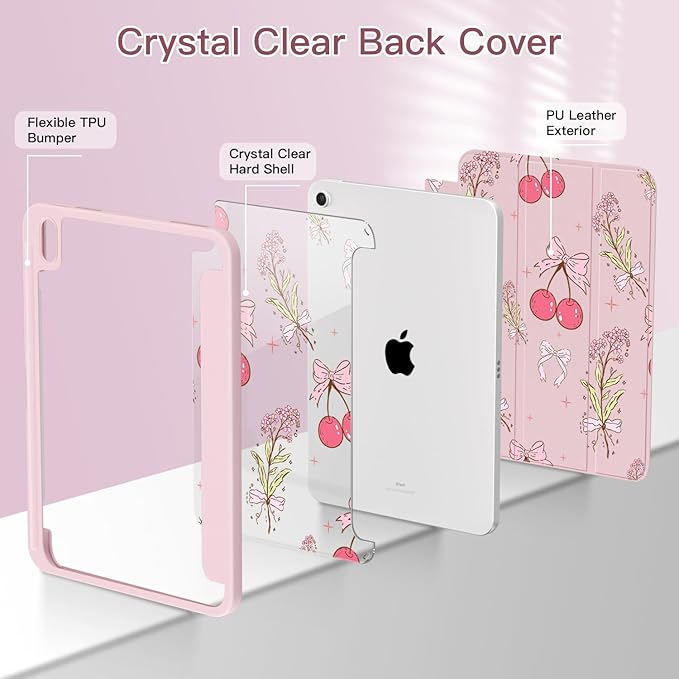 Teryeefi Case for iPad (A16) 11th Generation 11 inch (2025) &amp iPad 10th Generation 10.9 inch (2022) with Pencil Holder-[Auto Wake/Sleep] Premium Stand Case with Clear Back Cover Pink Cherry