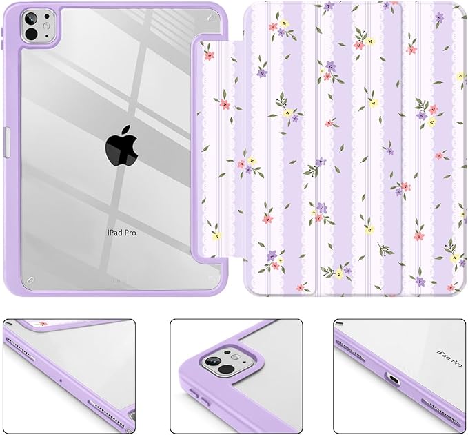 Mektron Case for M5/ M4 iPad Pro 11 inch 2025/2024 with Pencil Holder Compatible Models: A3357/A3358/A3359/A2836/A2837/A3006 Shockproof Cover Clear Shell Flowers &amp Adorable Lace