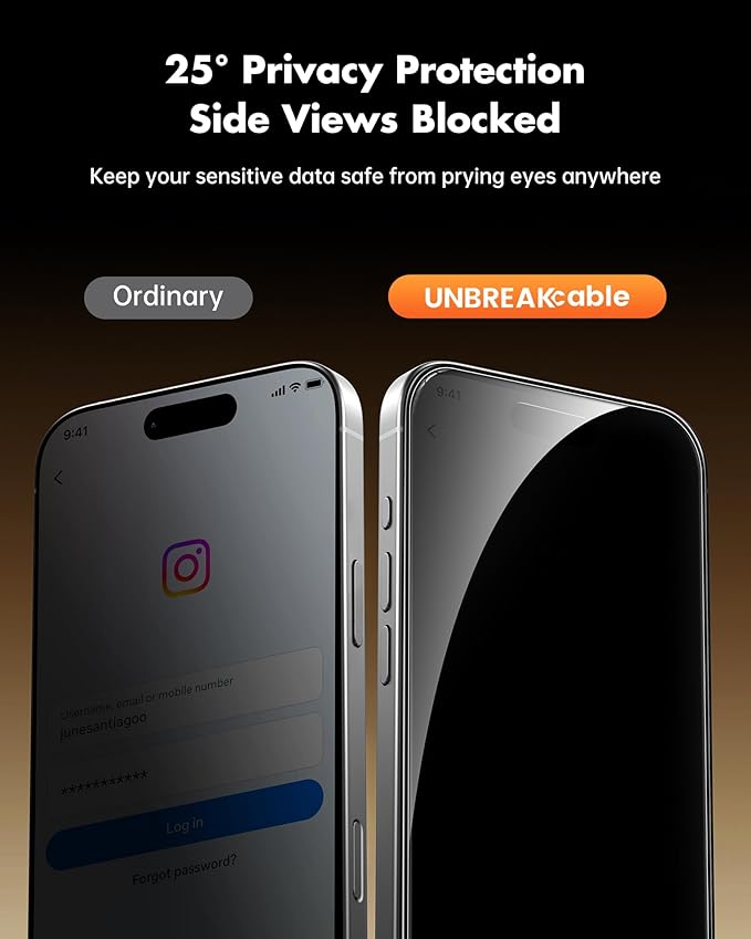 UNBREAKcable Privacy Screen Protector for iPhone 16 Plus (6.7) 25° Anti-Spy Tempered Glass Easy Install Alignment Frame Case-Friendly 9H Hardness Anti-Fingerprint 3-Pack