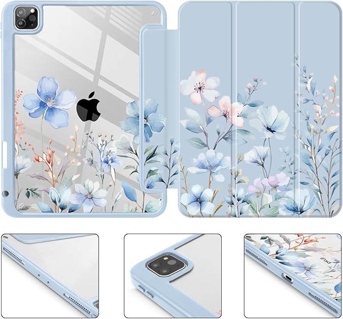 May Chen for iPad Pro 11 inch M2 4th Generation 2022 iPad Pro 11 3rd/2nd/1st Gen Case with Transparent Shockproof Back Cover [Built-in Pencil Holder Auto Sleep/Wake Blue Wild Flowers