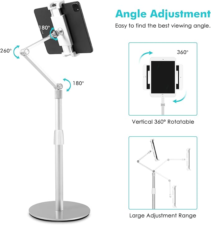 Viozon Tablet Phone Overhead Stand Height &amp 360 Degree Angle Adjustable Aluminum Desktop Stand Compatible with 3.5-11 Cellphone or Tablet Such as iPhone iPad Pro Air Mini Samsung Nexus(AP-4P
