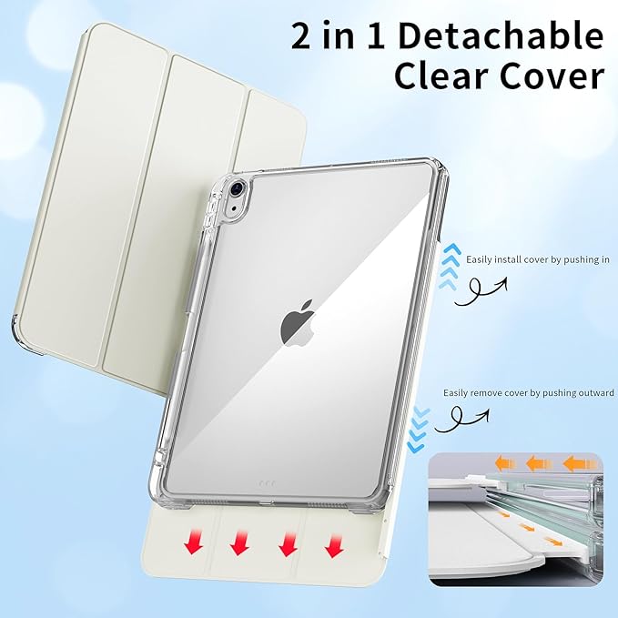 kenke Hybrid Case for iPad Air 11 Inch (M3) 2025 / (M2) 2024 iPad Air 5th/4th Gen 2022/2020 10.9 Inch with Pencil Holder Detachable Cover with Clear Hard Back Shell Auto Sleep/Wake Cream White