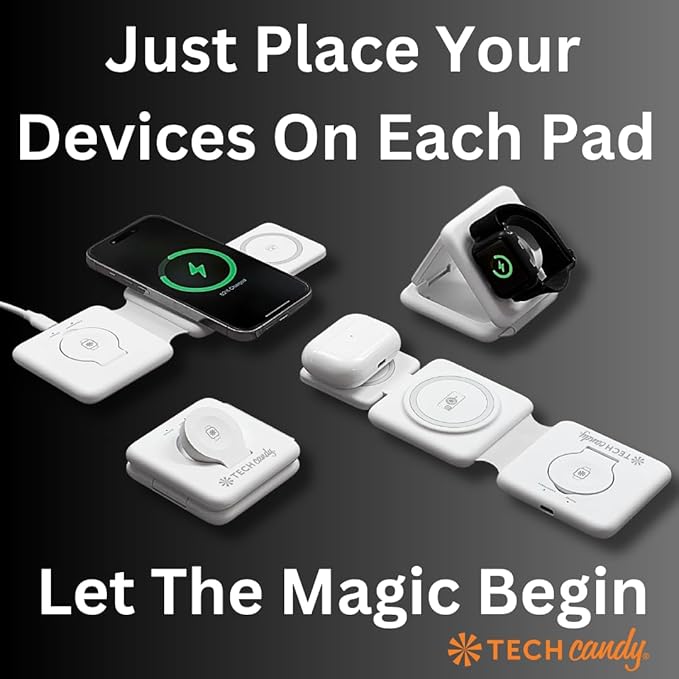 Tech Candy The Three Way Charging Valet Wireless Charging Pad - Charge 3 Devices at Once Compact Qi Charger for Travel Foldable 20W Fast for Phones Ear Buds Smart Watches