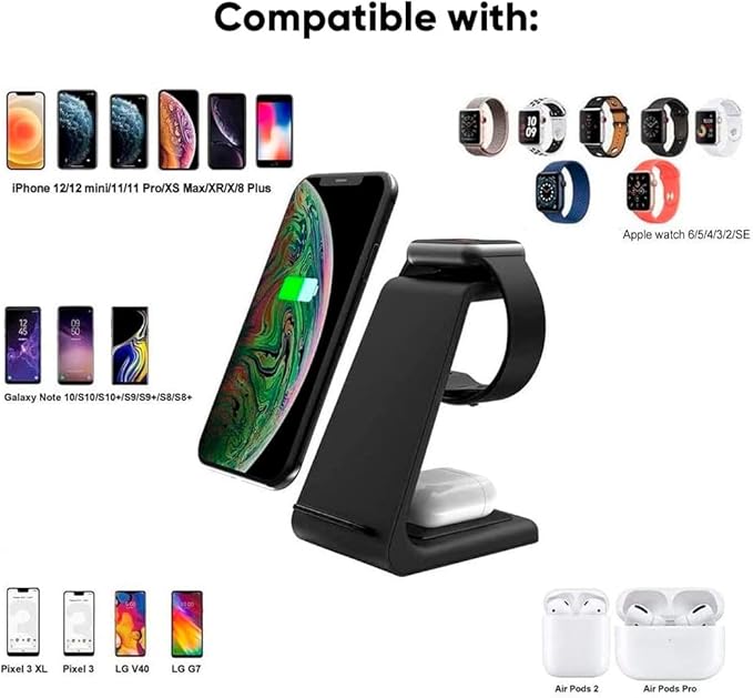 LUNOX 3 in 1 Magnetic Wireless Charger Foldable Fast Charging Station USB-C Portable Charging Stand for Smartphone Smartwatch and Earbuds Compact Desk and Travel Charger Black &amp White
