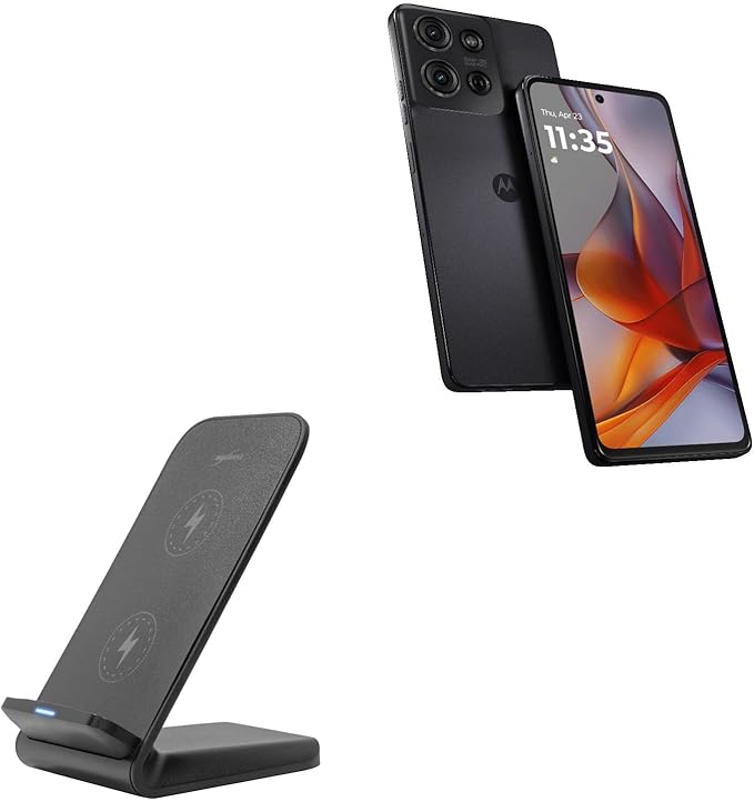 BoxWave Charger Compatible with Motorola Moto G75 - Wireless QuickCharge Stand (15W) Desktop Viewing Qi Wireless Charging - Jet Black
