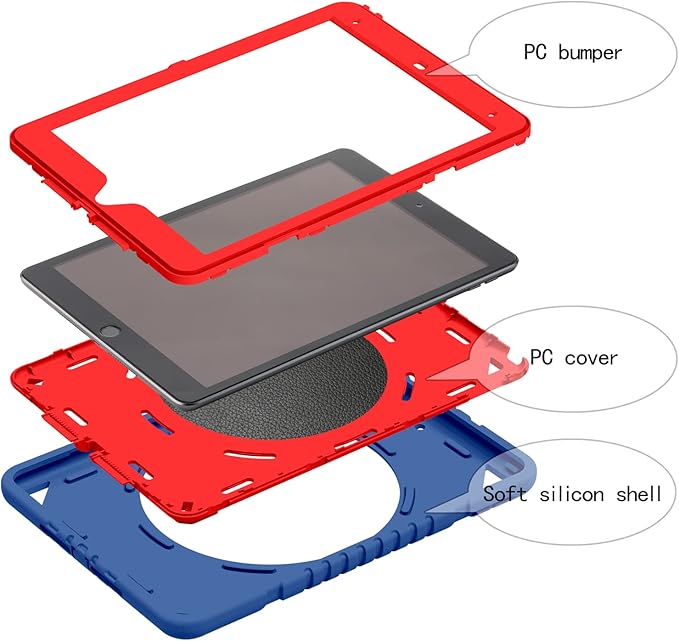 XZC iPad 9th/ 8th/ 7th Generation Case (iPad 10.2 Case 2021/2020/2019) Heavy Duty Shockproof Rugged Cover with Rotating Stand/Pencil Holder/Carrying Shoulder Strap (Blue and Red)