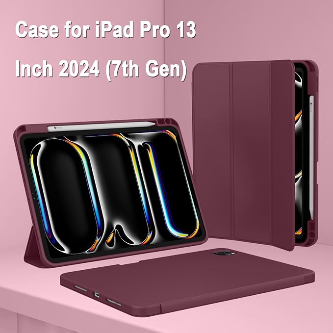 ZryXal New iPad Pro 13 Inch Case (M5) 2025 / (M4) 2024 with Pencil Holder Smart iPad Case [Support Pencil Pro and Pencil (USB-C)] Support Touch ID and Auto Wake/Sleep (Wine)
