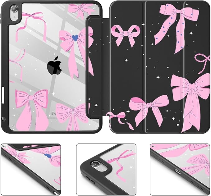 May Chen for iPad (A16) 11th Generation Case 11 Inch 2025 iPad 10th Gen Case 2022 10.9 inch Built-in Pencil Holder with Shockproof Cover Clear Transparent Back Shell Auto Wake/Sleep Black Cute Bows