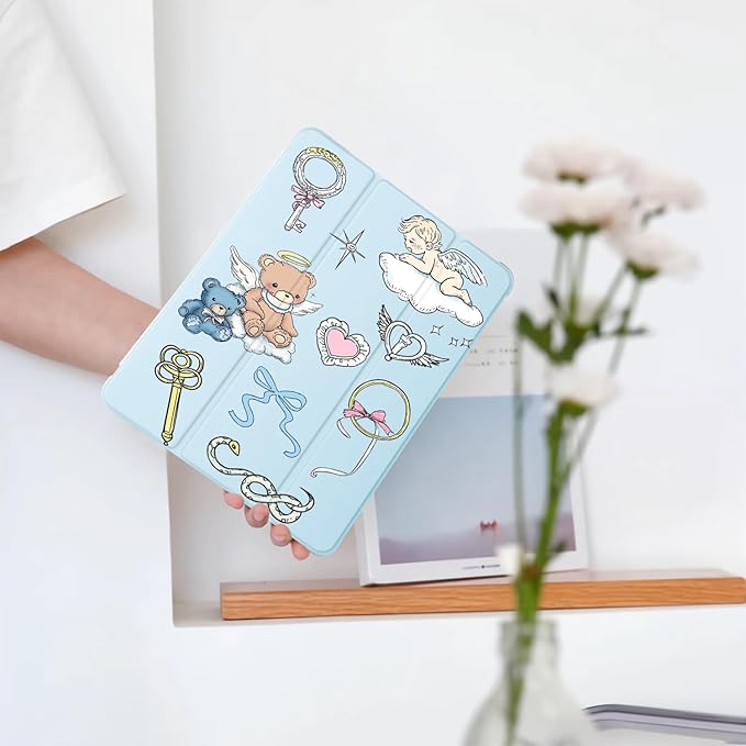 Cute Kawaii Bear Angel Bow for iPad Pro 12.9 Inch Case 5th/6th Generation 2022/2021/2020 with Pencil Holder Auto Sleep/Wake Blue Leather Soft TPU Back Cover