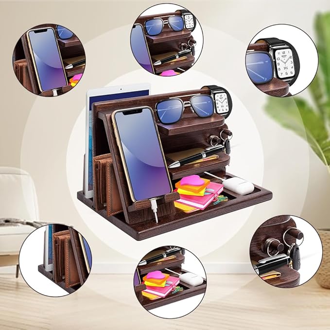 Wood Phone Docking Station - Gifts for Men Desk or Nightstand Organizer - Birthday Gifts for Husband Fathers Day for Dad - Anniversary Idea from Wife - Key Holder Stand Wallet Watch &amp Essential