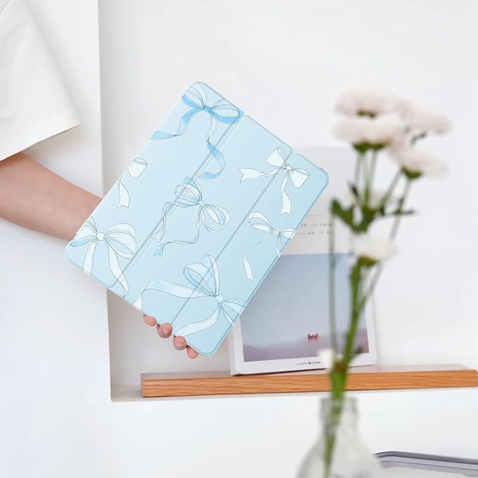 Cute Ribbon Bow for iPad 7th/8th/9th Generation Case with Pencil Holder Auto Sleep/Wake Blue Leather Soft TPU Back Cover for iPad 10.2 Inch 2019/2020/2021