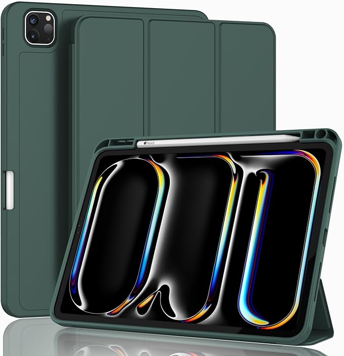 ZryXal New iPad Pro 13 Inch Case (M5) 2025 / (M4) 2024 with Pencil Holder Smart iPad Case [Support Pencil Pro and Pencil (USB-C)] Support Touch ID and Auto Wake/Sleep (Midnight Green)