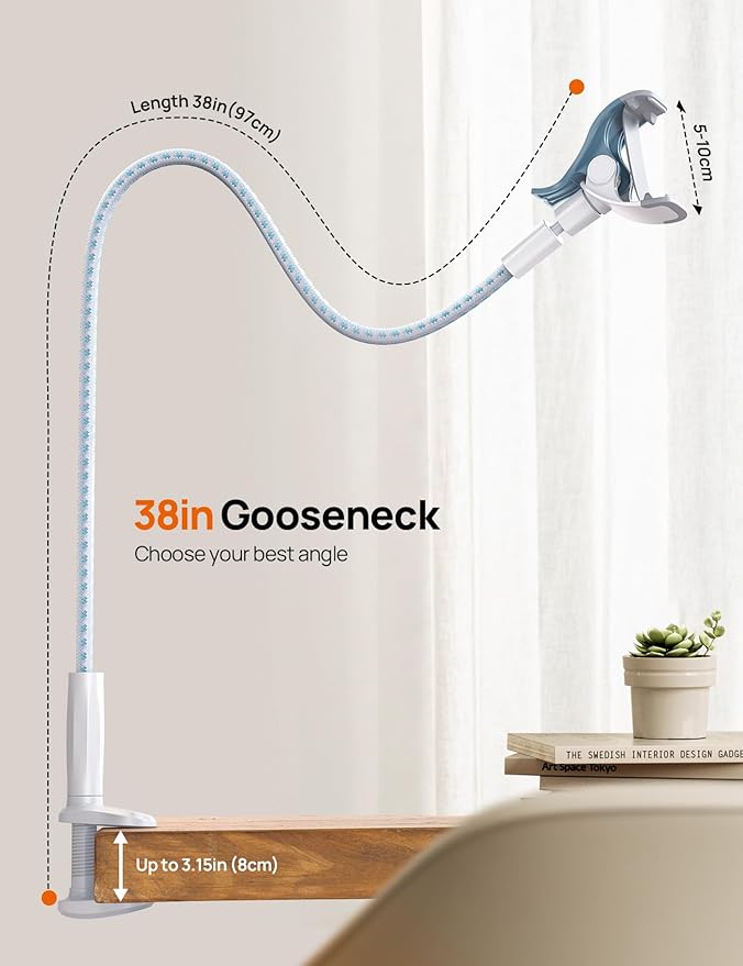 Aomiker Gooseneck Phone Holder for Bed - [Upgrade Nylon Braid] 38” Flexible Lazy Arm Clip 360 Adjustable Overhead Phone Mount for iPhone 16 15 14 13 12 11 Pro Max Mini Plus 4-7 Cellphone - White