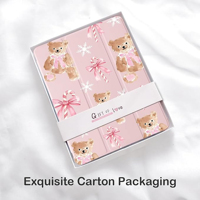 Cute Christmas Cane Bear for iPad (A16) 11th Generation Case 11 Inch 2025 for iPad 10th Generation Case 10.9 Inch 2022 with Pencil Holder Auto Sleep/Wake Pink Leather Soft TPU Back Cover