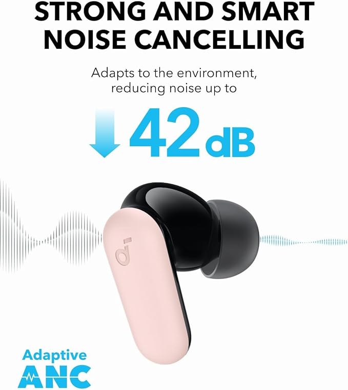 Soundcore P30i by Anker Noise Cancelling Earbuds Strong and Smart Noise Cancelling Powerful Bass 45H Playtime 2-in-1 Case and Phone Stand IP54 Wireless Earbuds Bluetooth 5.4 (Pink)
