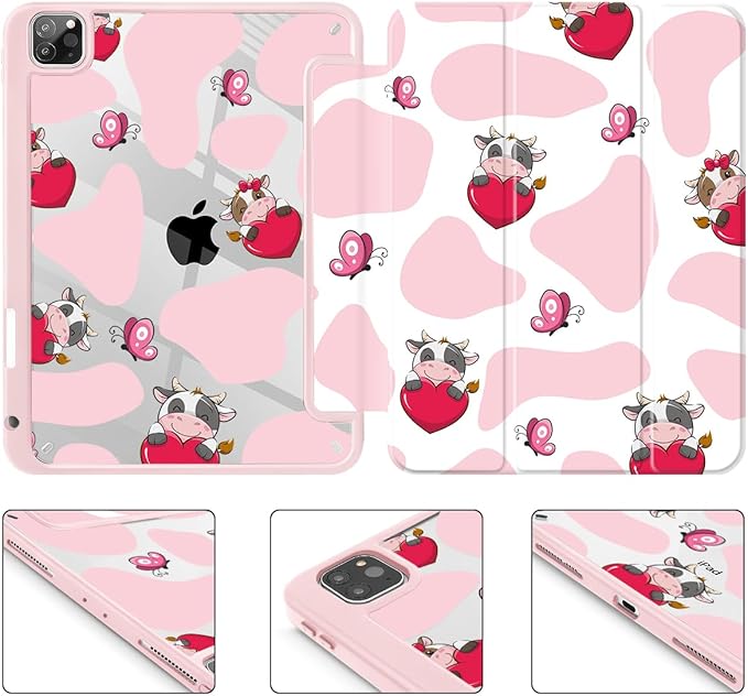 Mektron Case for iPad Pro 11 inch (4th 3rd 2nd &amp 1st Gen) 2022 2021 2020 2018 Buit in Pencil Holder with Shockproof Cover Clear Shell + Auto Wake/Sleep Butterfly Cow