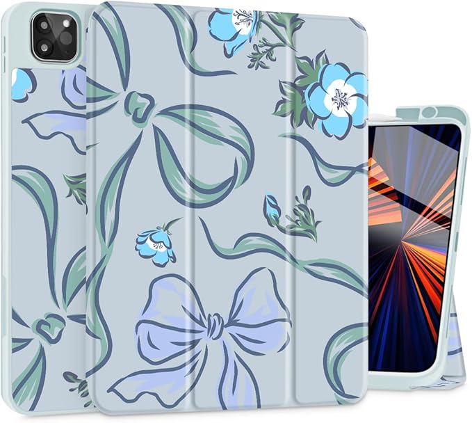 Mektron for iPad Pro M2 11-inch 4th/ 3rd/ 2nd/ 1st Gen Case 2022 2021 2020 2018 with Pencil Holder Tablet Cover with Soft TPU Back Cover for 11 inch iPad Pro Flowers-Bows-Blue