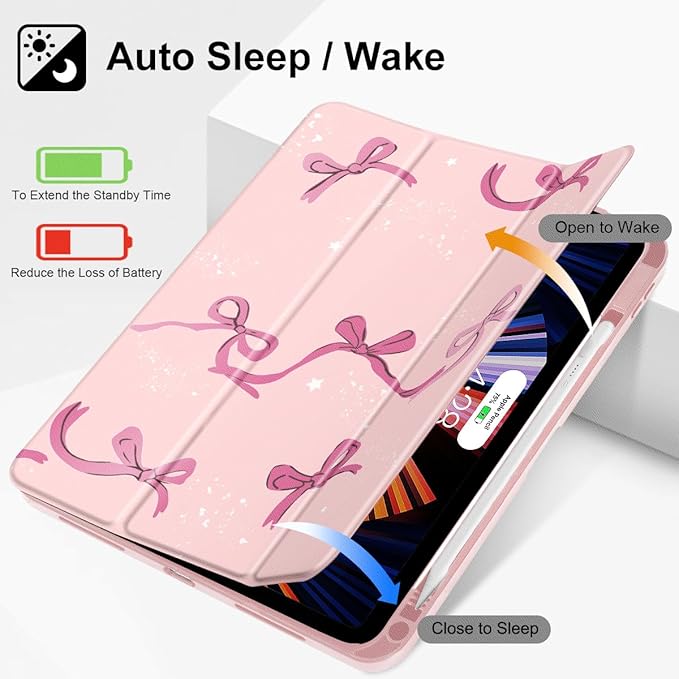 Tuiklol Case for iPad 10.2 Inch 2021 2020 2018 Release 9th / 8th / 7th Generation Built-in Pencil Holder TPU Protective Stand Back Cover Trifold Stand-Auto Wake/Sleep Bow-Pink