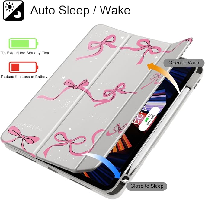 May Chen for iPad Pro 11 inch M2 4th Generation 2022 iPad Pro 11 3rd/2nd/1st Gen Case with Transparent Shockproof Back Cover [Built-in Pencil Holder Auto Sleep/Wake Bows Khaki