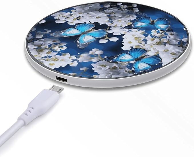 Blue Butterflies White Flowers Wireless Charger Fast Wireless Charging Pad with USB Cable 10W Anti-Slip Magnetic Wireless Charger Portable Slim Charger Puck Travel Charging Station