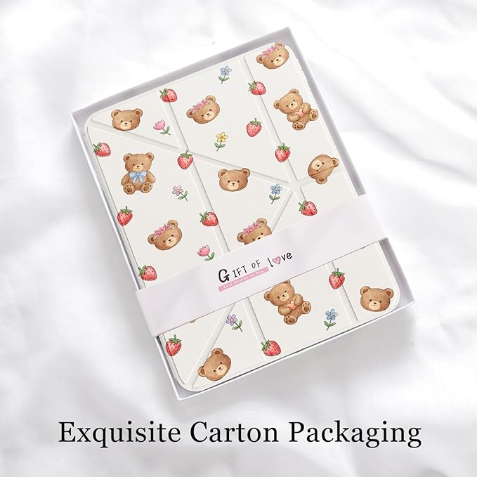 Cute Kawaii Bear Strawberry for iPad (A16) 11th/10th Generation Case 11 Inch/10.9 Inch 2025/2022 with Pencil Holder Auto Sleep/Wake White Leather Acrylic Back Detachable Cover
