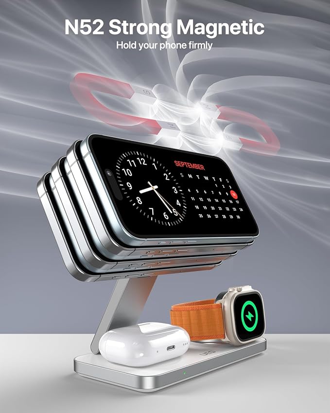 3-in-1 Charging Station for Apple DevicesQI2.2 25W Ultra-Fast Magnetic Wireless Charger StandCompatible with MagSafeFoldable Travel Charger for iPhone Air/17/16/15/14/13/12Apple WatchAirPods