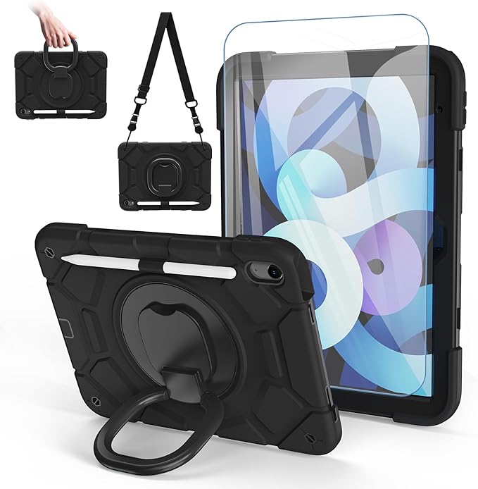 case for iPad (A16) 11th Generation 11 Inch (2025)iPad 10th Generation 10.9 Inch(2022)with[Tempered Glass Screen Protector] [Pencil Holder] 360° Rotating Handle Stand (Black)