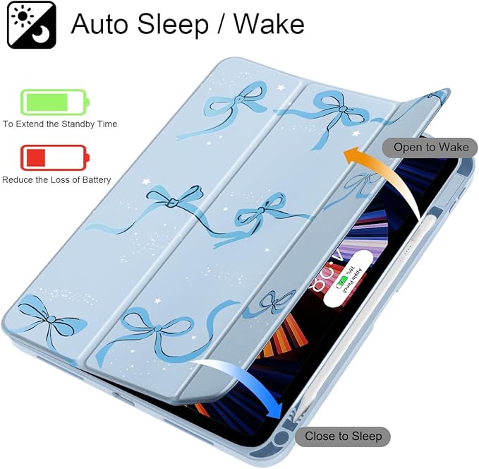 May Chen Case for iPad Air 13 Inch M4 2026 M3 2025 M2 2024 [Built-in Pencil Holder] Shockproof Cover with Clear Transparent Back Shell Auto Sleep/Wake Cover Blue Bows