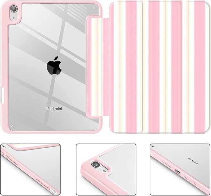 Mektron Printed Case for iPad mini 7 (A17 Pro) 2024/ Mini 6 2021 iPad mini 7th/6th Generation 8.3-inch Liquid Retina Display Cover Buit in Pencil Holder with Clear Back Shell Pink Striped
