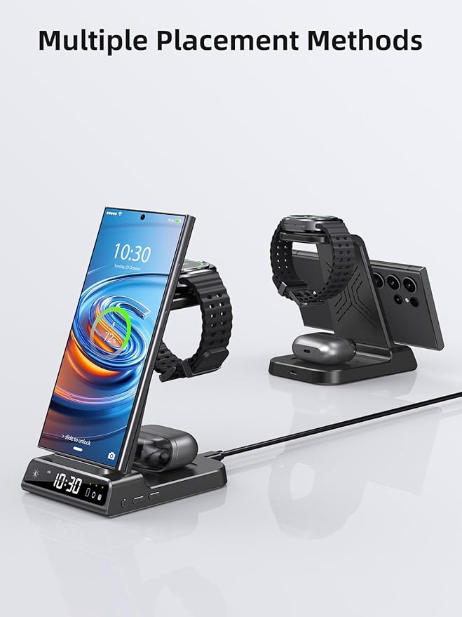 Wireless Charger Samsung Charging Station: 3 in 1 Android Charging Stand with Dimmable Clock - Nightstand Organizer for Galaxy S25 Ultra S24 Galaxy Watch 8 7 6 5 4 Galaxy Buds Space-Saving Charger