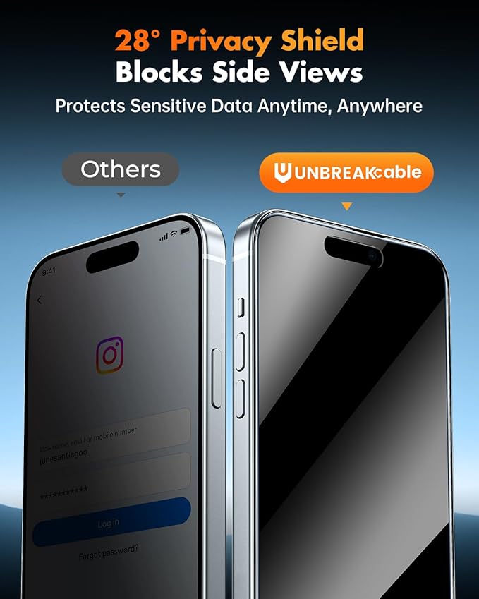 UNBREAKcable Privacy Screen Protector for iPhone 15 Plus 3 Pack Full Coverage Tempered Glass [28° Anti-Spy] [9H Hardness] [Easy Installation Box] Shatterproof Private Screen Guard
